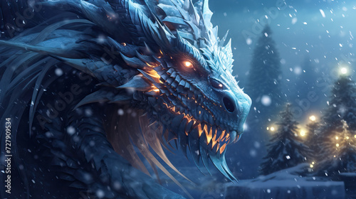 Banner with blue serious dragon with bokeh winter snow blue background for greeting card for the New Year, year of the dragon, Christmas, Chinese New Year