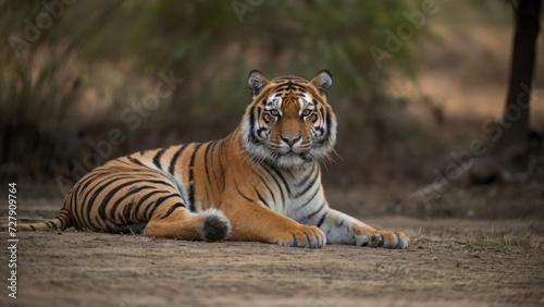 Beautiful tiger sitting and waiting with habitat background