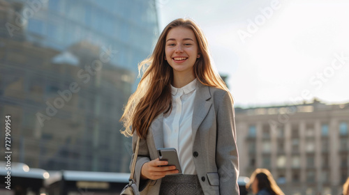 young professional woman standing outdoors holding a smartphone with a smile on her face.