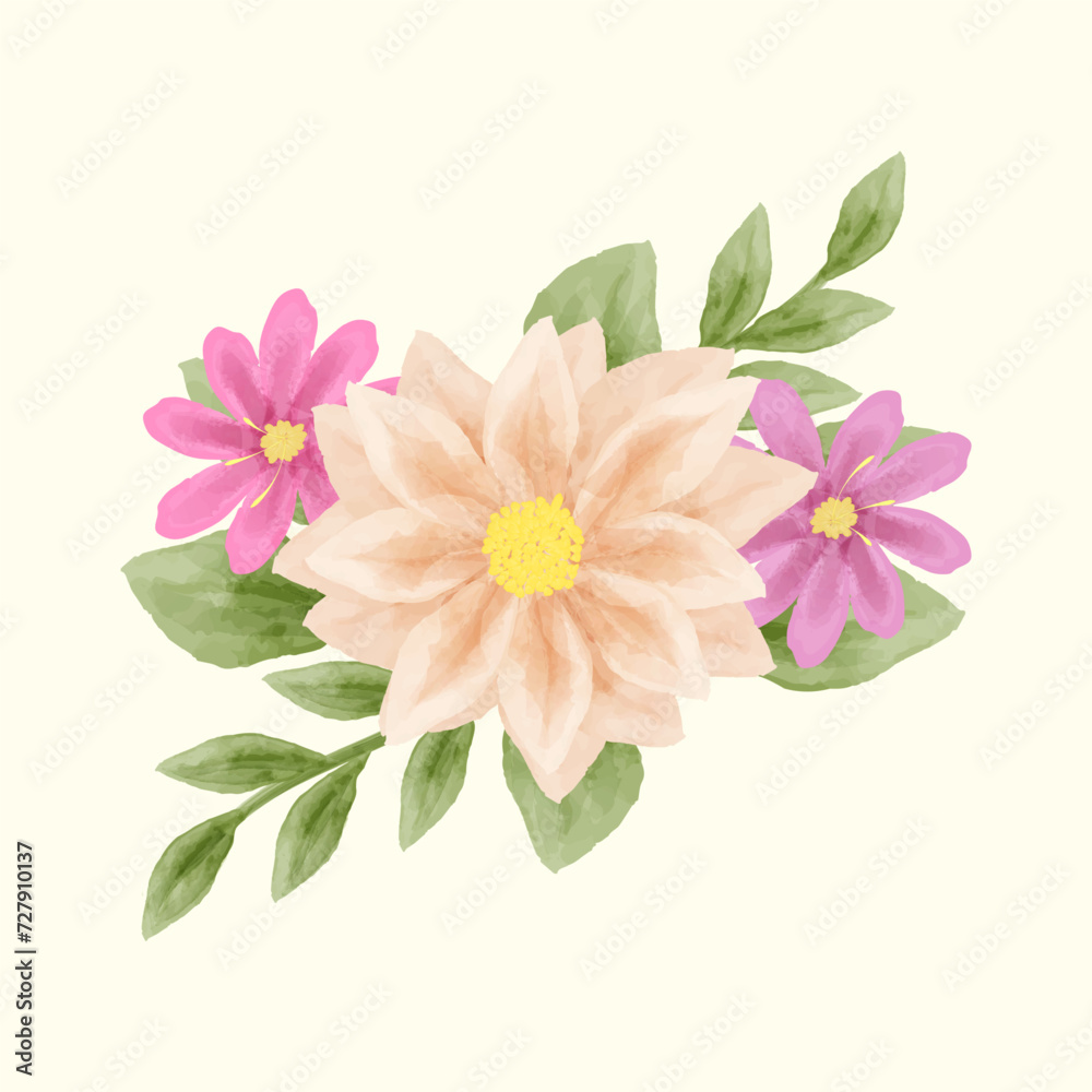 Watercolor flower and leaves vector illustration