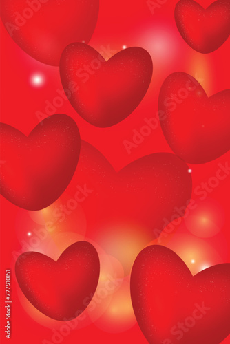 Vertical greeting card Red voluminous hearts 3D effect14 february Day all lovers Romantic feelings Valentine's love concept romantic gradient shining background Shine Сopy space Bokeh template