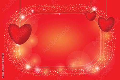 Happy greeting card Red voluminous hearts 3D effect hang like garland 14 february Day all lovers Romantic feelings Valentine's love concept romantic gradient shining background Shine Сopy space