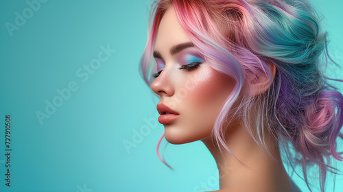 Vibrant Multicolored Makeup and Hairstyle on Young Woman 