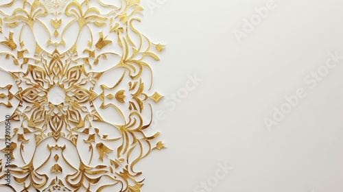 Exquisite gold Islamic patterns adorn a white textured backdrop, exuding elegance. Islamic Arabic Arabesque Ornament Border Luxury Abstract white Background with Copy Space