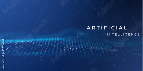 Artificial intelligence blue particle background. Flow wave with dot landscape. Digital data structure. Pattern point visualization. Technology vector illustration.