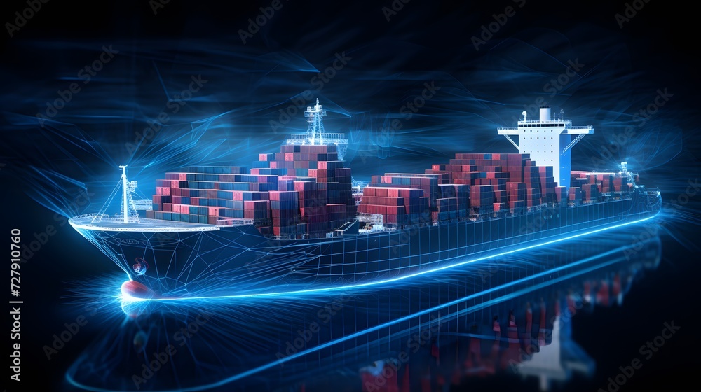 Container ship and the hologram of world map of international supply chains.