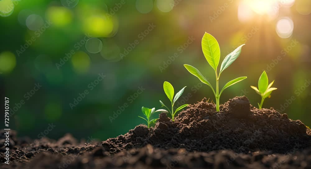 Plant sprouts on soil with sunlight in the background. The concept of growth and new beginnings. Plant sprouts on soil with sunlight in the background. The concept of growth and new beginnings.