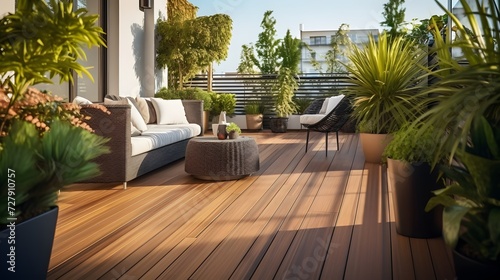 Beautiful of modern terrace with wood deck flooring, green potted flowers plants and outdoors furniture. Cozy relaxing area at home back yard. Sunny stylish balcony terrace in the city 