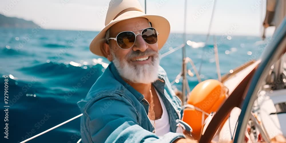An elderly man at the helm of a yacht. The concept of active leisure and travel.