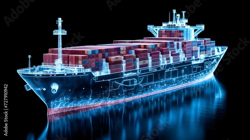 Container ship and the hologram of world map of international supply chains.