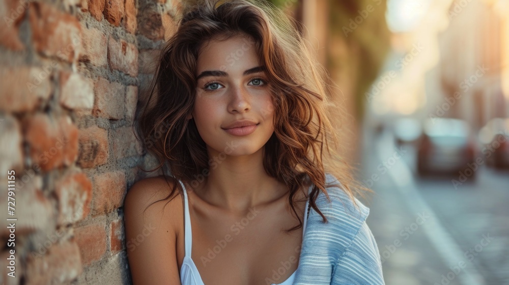 Naklejka premium Serene Urban Sophistication: Woman Leaning Against Brick Wall