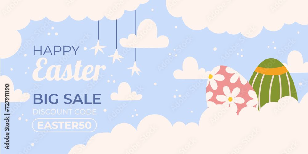Easter sale horizontal background template for promotion. Design on sky blue background with painted eggs lay on clouds, stars hanging by a string