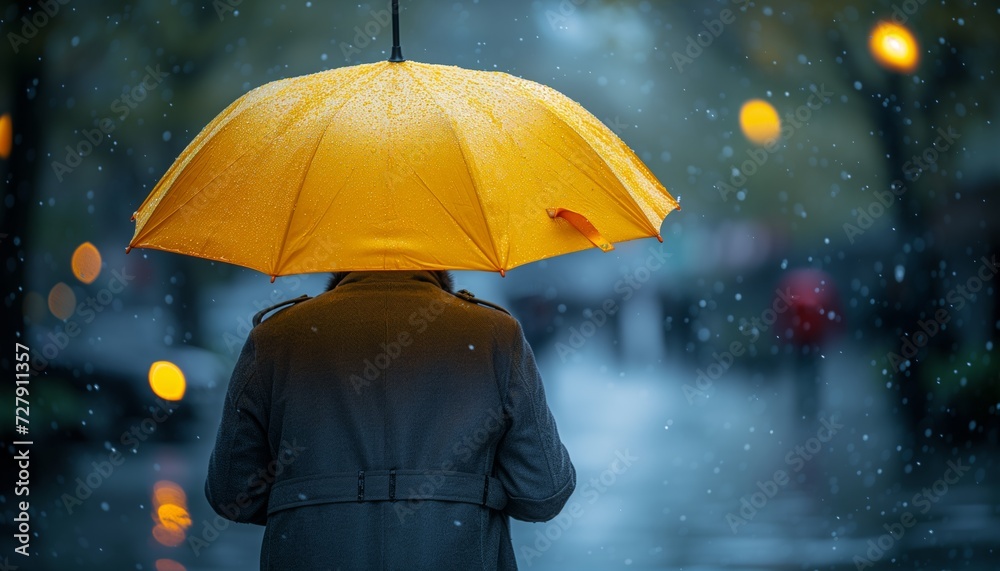 Rear View of Person with Yellow Umbrella Walking on Rainy City Street