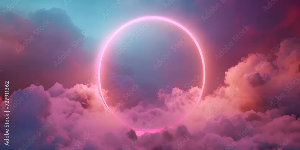 Neon circle in the clouds. The concept of fantasy and the boundaries of reality.
