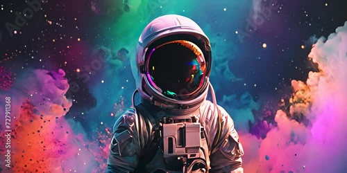 Astronaut with colorful reflections on the helmet. The concept of space exploration and dreams. photo