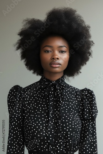 Chic Woman in Black Blouse with White Polka Dots on Gradient Background