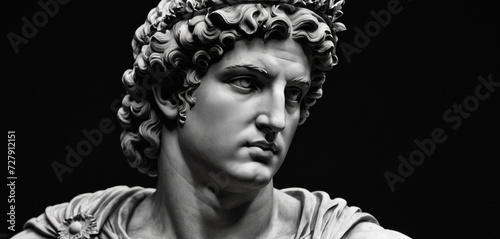 Portrait of a plaster statue of Apollo isolated on black. Gypsum statue of Apollo's bust. Greek god statue. Male statue of a Roman deity, muscular Apollo in Olympus.