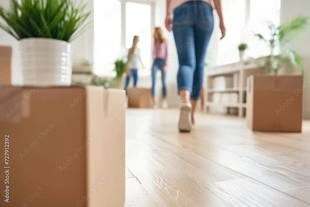 blurred background of boxes and people in empty room moving concept blurred background of boxes and people in empty room moving concept