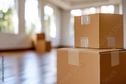 Cardboard Boxes in Sunlit Room Ready for Moving Day © Е К