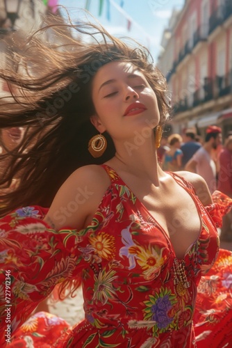 Lively Woman in Red Dress Amidst Festive Atmosphere
