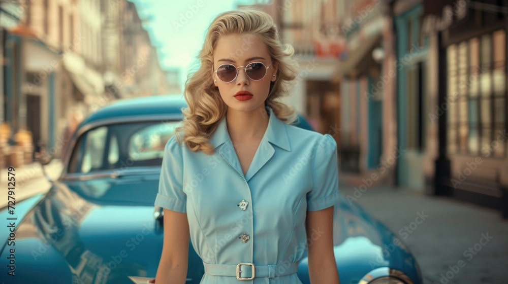 Classic '50s Charm: Woman in Pastel Blue Dress with Vintage Car