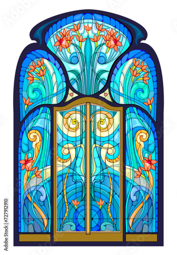 Beautiful Art Nouveau stained glass window. Luxury interior. Template for design, wallpaper, background, decoration. Architecture in Western Europe. Vector drawing. Jugendstil architecture style.