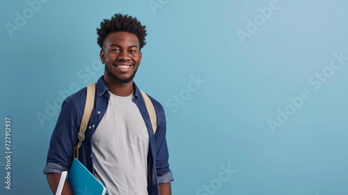 young man with a friendly smile, wearing a denim shirt over a gray tee and carrying a backpack over one shoulder, holding books in front of a solid blue background