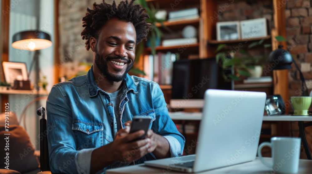 man with a beard, smiling and using a smartphone while seated in a wheelchair at a desk with a computer man with a beard, smiling and using a smartphone while seated in a wheelchair at a desk with a computer