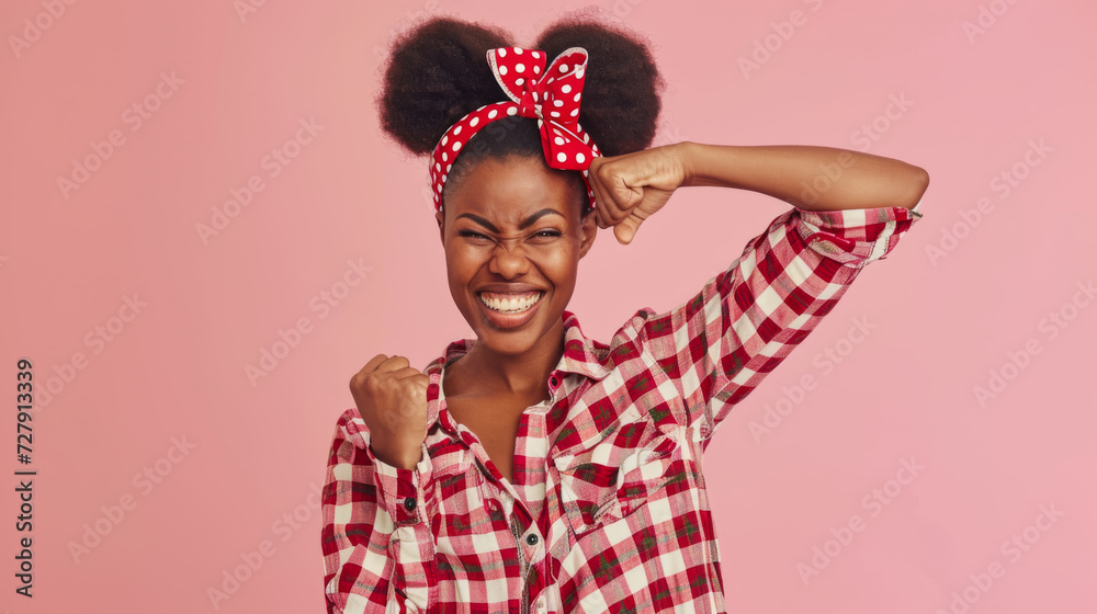 woman with a playful expression is winking and making a playful gesture with her hand like viewing through a telescope, wearing a red and white checkered shirt and a red headband woman with a playful expression is winking and making a playful gesture with her hand like viewing through a telescope, wearing a red and white checkered shirt and a red headband
