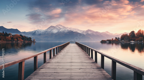  Empty wooden bridge or jetty with mountain on lake