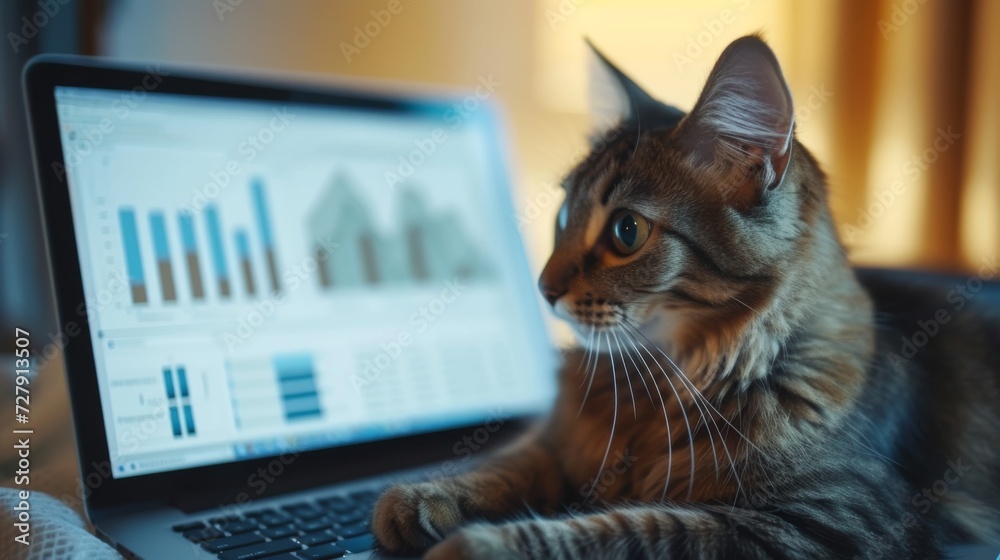A focused feline companion scrutinizes spreadsheets and graphs on a laptop, representing the meticulous attention to detail necessary for effective financial planning A focused feline companion scrutinizes spreadsheets and graphs on a laptop, representing the meticulous attention to detail necessary for effective financial planning