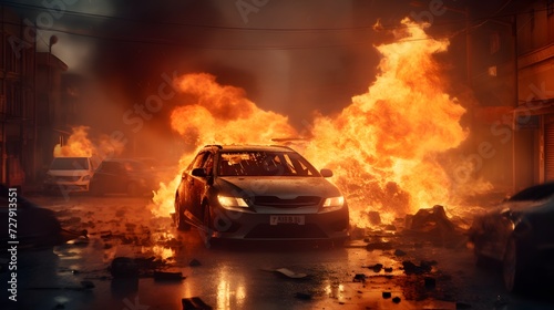Emergency  fire and explosion with car in city for disaster  apocalypse and damage  Danger  smoke and ai generated with burning vehicle in road for smoke catastrophe  armageddon and accident 