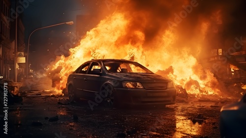 Emergency  fire and explosion with car in city for disaster  apocalypse and damage  Danger  smoke and ai generated with burning vehicle in road for smoke catastrophe  armageddon and accident 