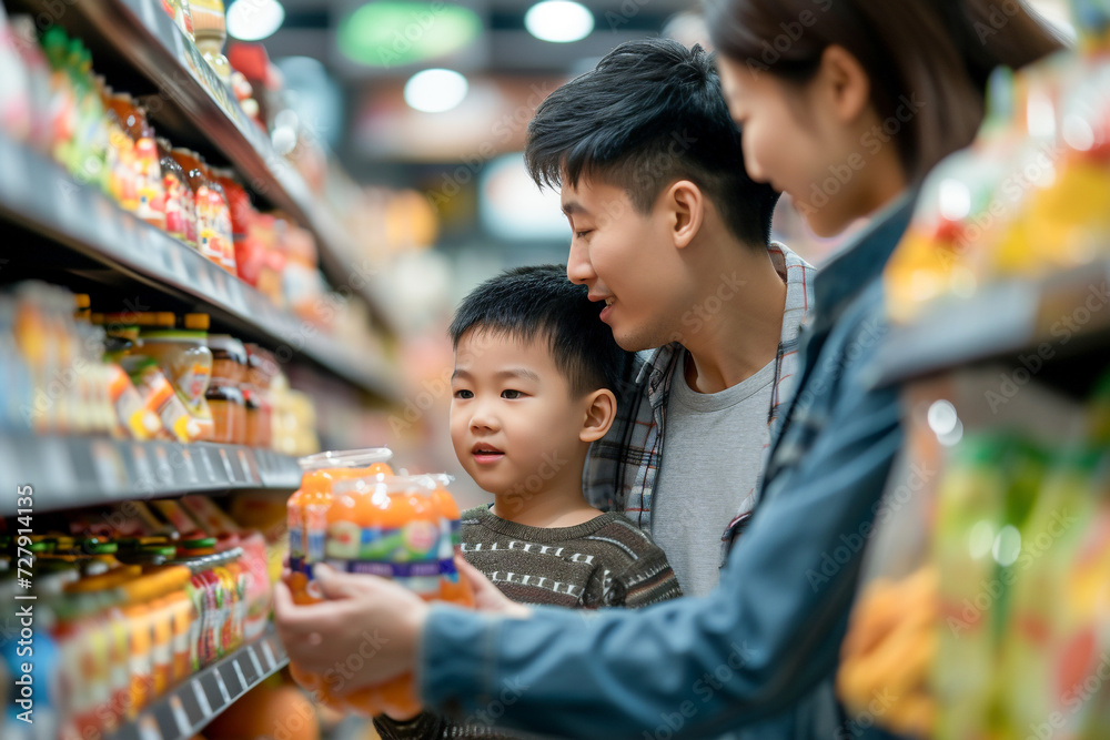 Asian family in a supermarket, exploring grocery aisles, shopping for essentials, happy together