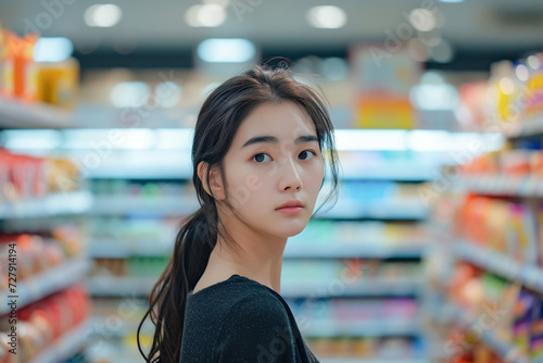 Asian woman shopping in a supermarket, browsing racks, retail distribution, consumer goods.
