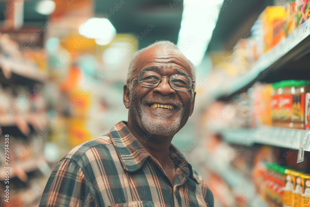 Grocery shopping with an older man in a big supermarket, African American customer Grocery shopping with an older man in a big supermarket, African American customer