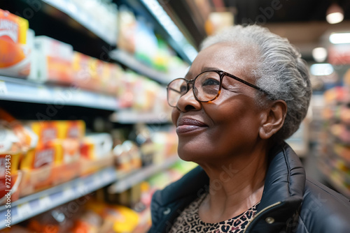 Elderly African American woman at the supermarket, browsing aisles, grocery shopping, retail environment