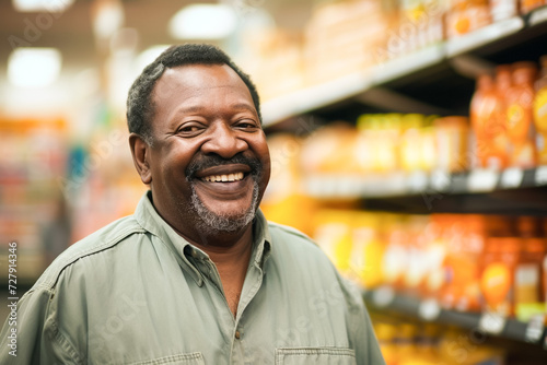 African American Elderly Man in Supermarket, navigating the grocery aisles, selecting products with a smile