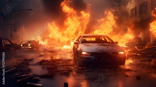 Emergency, fire and explosion with car in city for disaster, apocalypse and damage, Danger, smoke and ai generated with burning vehicle in road for smoke catastrophe, armageddon and accident 