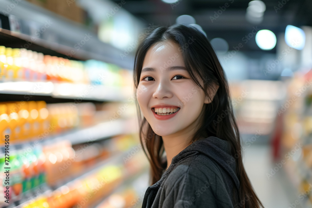 Woman in a supermarket, Asian shopper, browsing shelves, retail store background