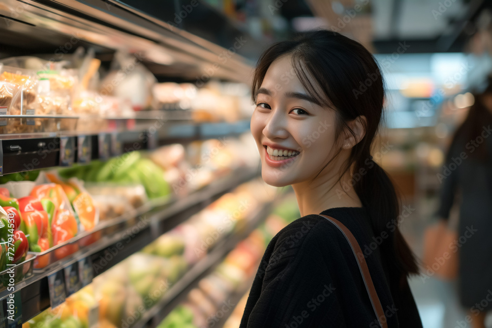 Asian woman in a mart, shopping for groceries, large supermarket interior, consumer goods