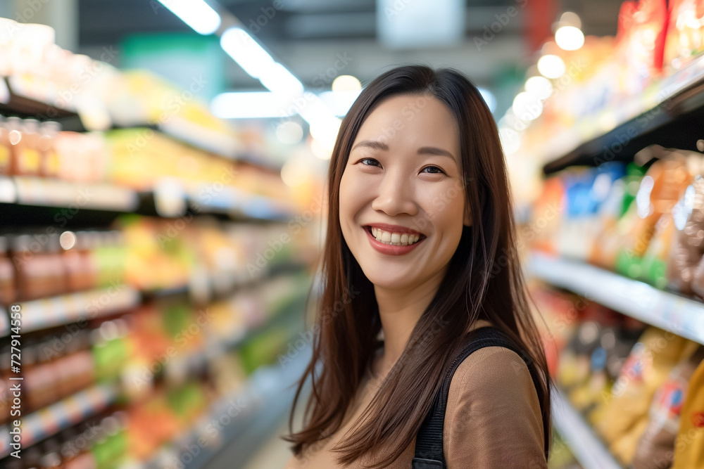 Woman shopping in a hypermarket, Asian consumer, large superstore, product selection