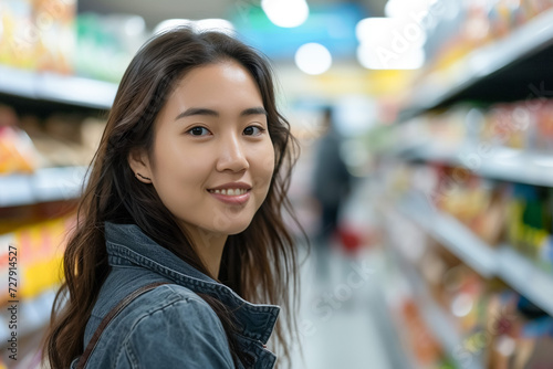 Asian woman shopping in a hypermarket, supermarket interior, purchasing groceries
