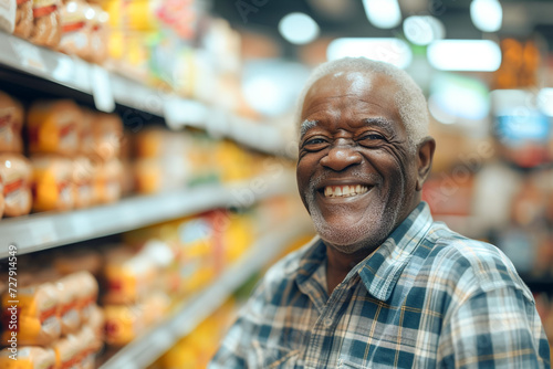 Smiling senior in the mart, African American man carefully considering his grocery choices © Pavel