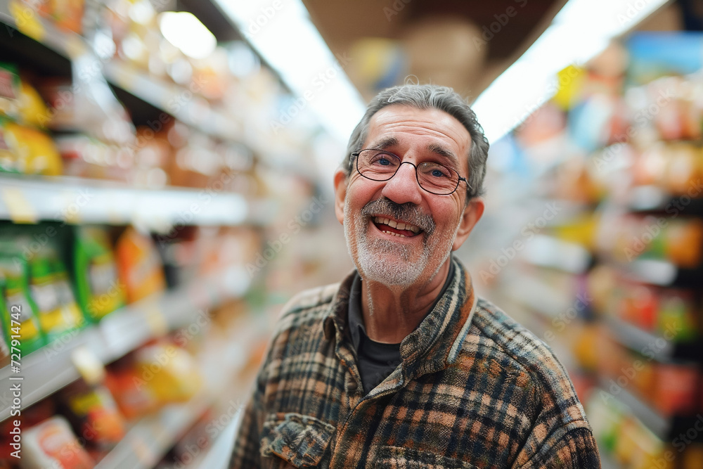 Elderly man shopping for food, senior citizen in supermarket, grocery hall
