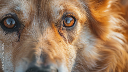 close-up of a dog's face focusing on its eye, with the fur and a glimpse of the snout visible