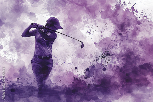 Golf player in action, woman purple watercolour with copy space