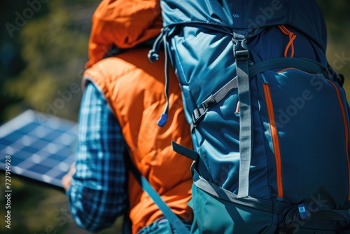 A close-up of solar panels on a backpack, demonstrating portable solar solutions for outdoor enthusiasts