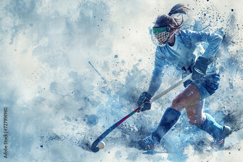 Field Hockey player in action, woman blue watercolour with copy space