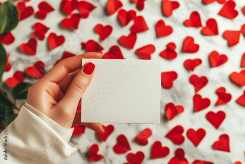 Female hold blank card against red hearts. Valentine's Day concept.